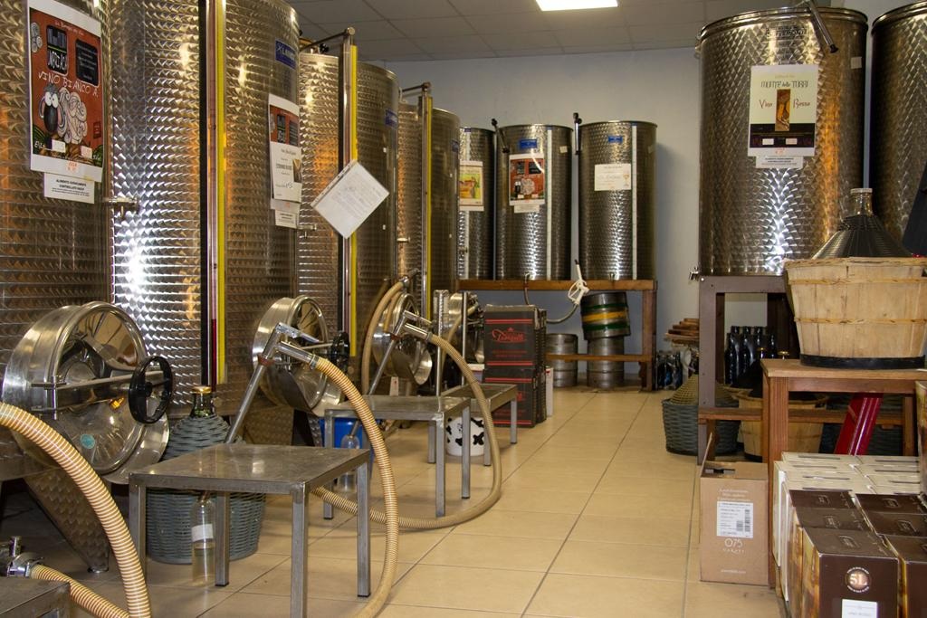 Silos in acciaio inox con tubi di spillatura, damigiane e scatole da 5 L, cartello «Monte delle Torri Vino Rosso